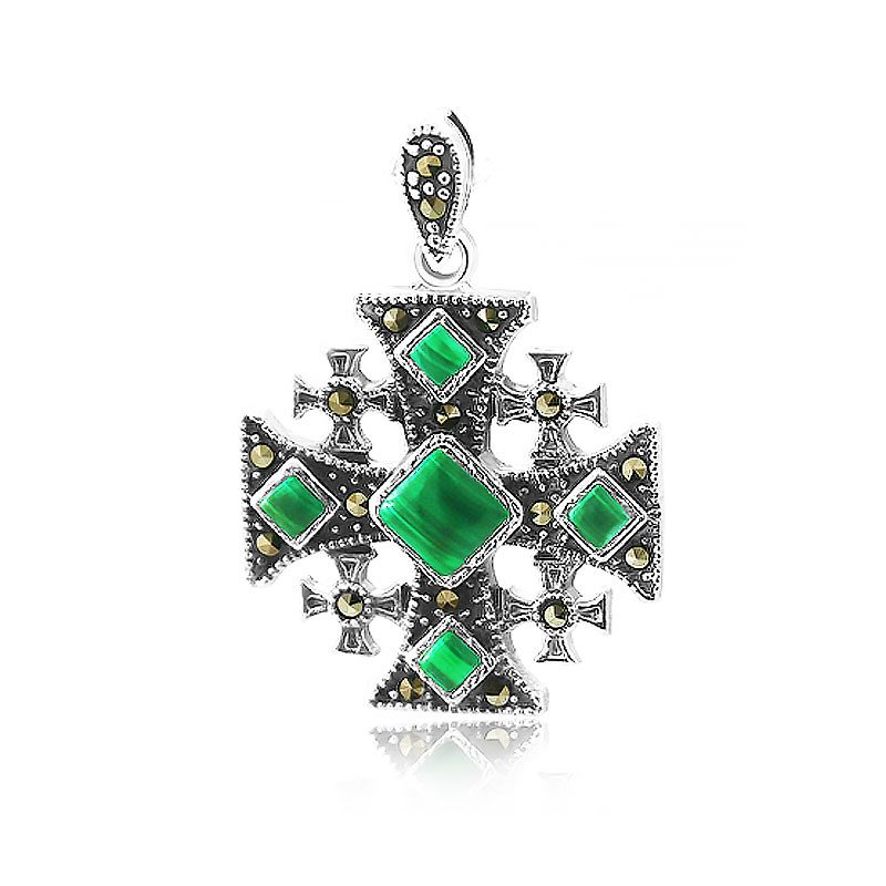 Jerusalem Cross Necklace in 925 Silver (2.5*2.3 cm) Encrusted with Natural Malachite and Marquise Stones