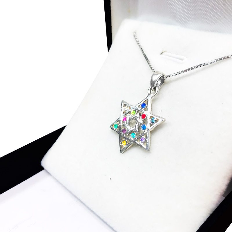 "Star of David Choshen" necklace made of 925 silver, set with 12 crystals