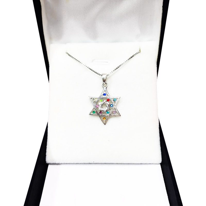 "Star of David Choshen" necklace made of 925 silver, set with 12 crystals