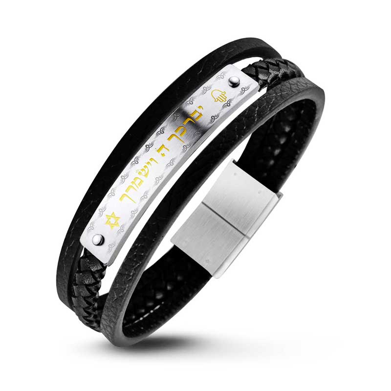 Men's black leather bracelet "May God bless you and protect you" (19-21 cm) Steel plate