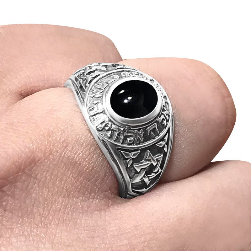 Men's ring "Hear our God, the One, Israel" made of 925 sterling silver with onyx stone