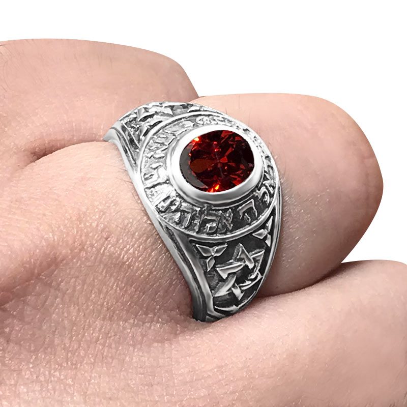 Men's Ring "Hear our God, the One, Israel" 925 Sterling Silver with Red Crystal