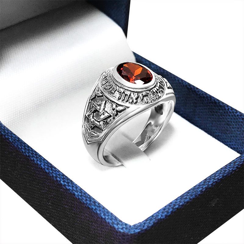 Men's Ring "Hear our God, the One, Israel" 925 Sterling Silver with Red Crystal