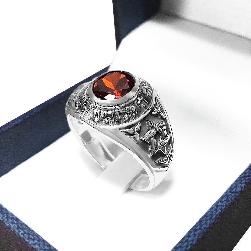 Men's Ring "Hear our God, the One, Israel" 925 Sterling Silver with Red Crystal