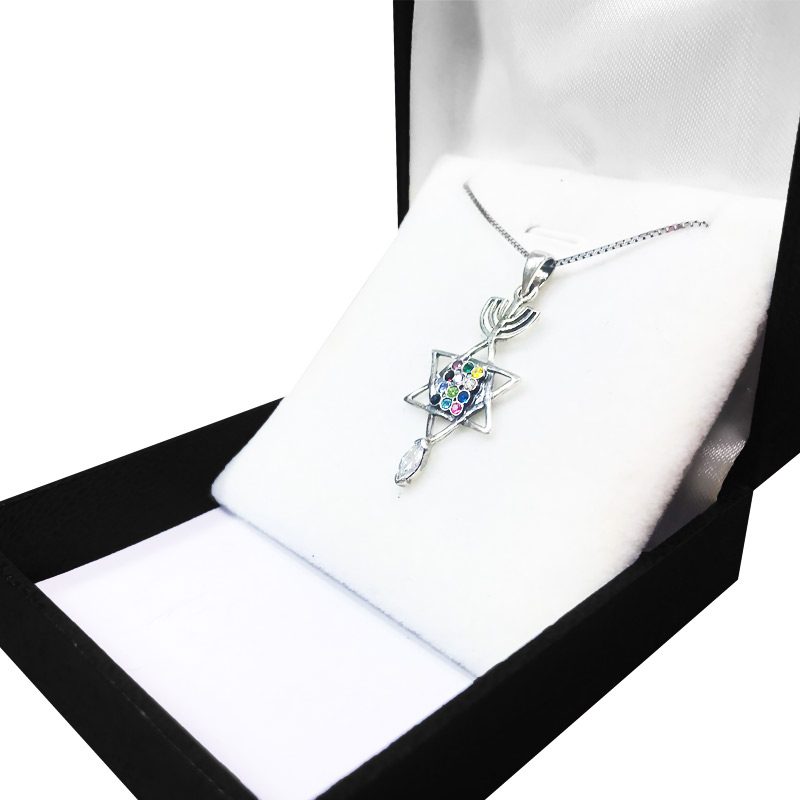 "Menorah Star of David Fish" Necklace (3.2*1.5 cm) "Choshen Stones" 925 Silver Encrusted with Crystals