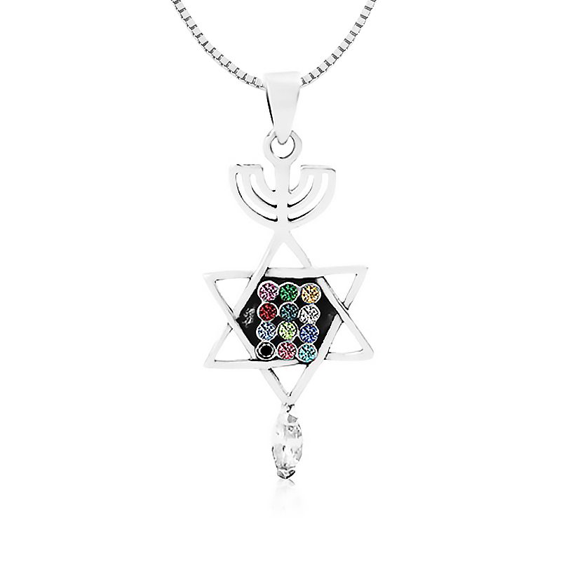 "Menorah Star of David Fish" Necklace (3.2*1.5 cm) "Choshen Stones" 925 Silver Encrusted with Crystals