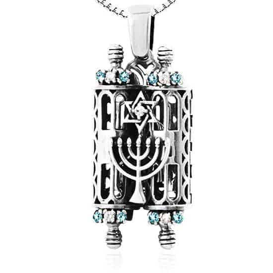 Large Torah scroll necklace (4.5*2.2 cm) open in 925 silver with blue and white crystals