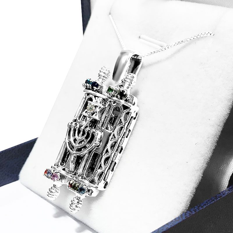 Large 925 silver "Torah Scroll" necklace (4.5*2.2 cm) opens with colorful crystals