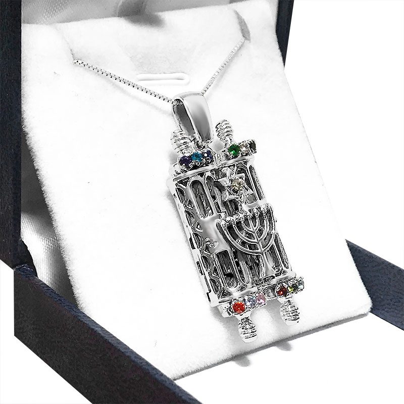 Large 925 silver "Torah Scroll" necklace (4.5*2.2 cm) opens with colorful crystals