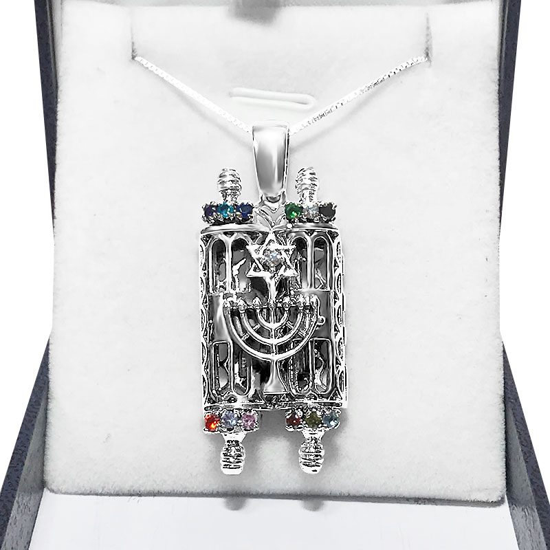 Large 925 silver "Torah Scroll" necklace (4.5*2.2 cm) opens with colorful crystals