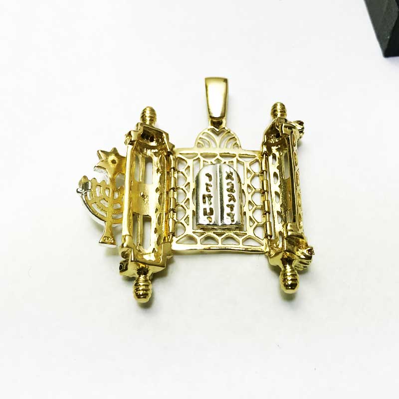 Large Torah scroll necklace (4.5*2.2 cm) open, 925 silver with gold plating (two-tone), colorful crystals