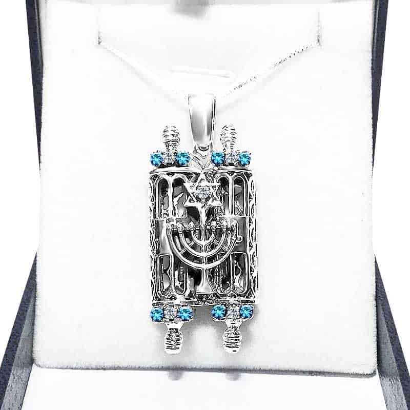 Large Torah scroll necklace (4.5*2.2 cm) open in 925 silver with blue and white crystals