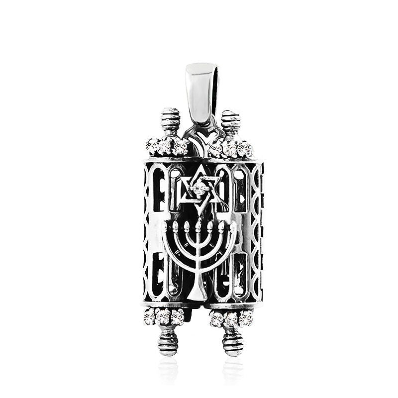 Large "Mezuzah Torah Scroll" necklace (4.5*2.2 cm) opens in 925 silver with white crystals