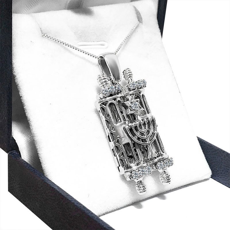 Large "Mezuzah Torah Scroll" necklace (4.5*2.2 cm) opens in 925 silver with white crystals