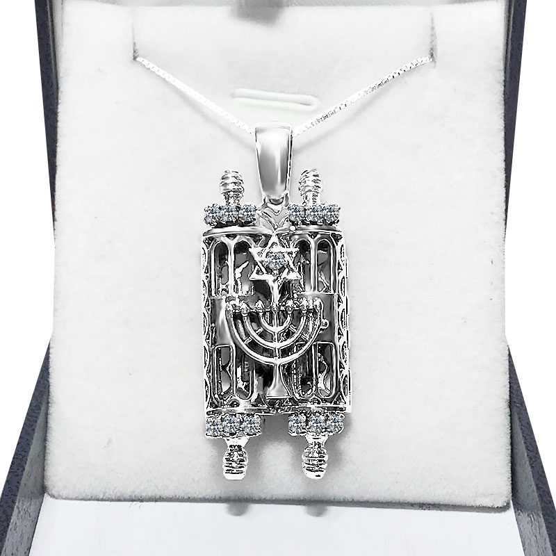 Large "Mezuzah Torah Scroll" necklace (4.5*2.2 cm) opens in 925 silver with white crystals