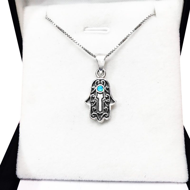 Hamsa necklace (1.8*1.3 cm) made of 925 silver with opal stone