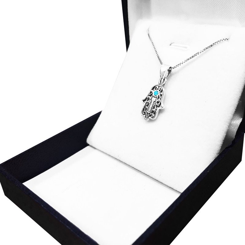 Hamsa necklace (1.8*1.3 cm) made of 925 silver with opal stone