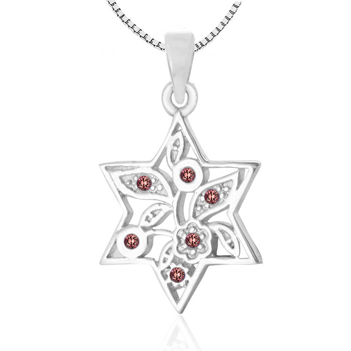 "Star of David - Flowers" 925 silver necklace (2.1 cm) studded with red crystals