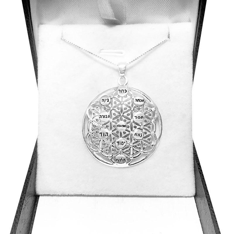 Large (3.2 cm) "Flower of Life" necklace made of 925 silver with "10 Sephiroth" for men or women