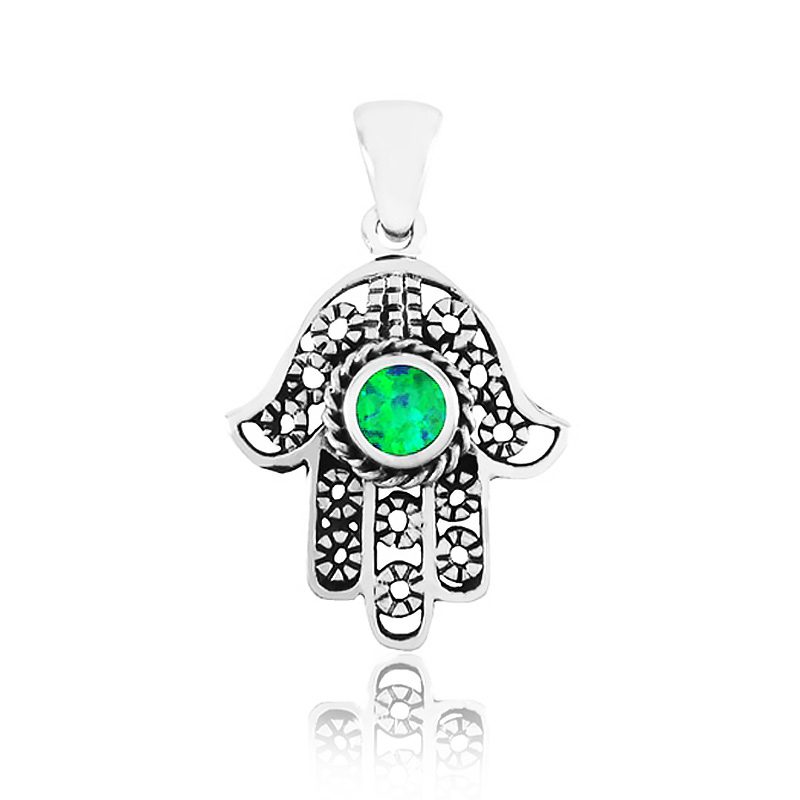 Hamsa necklace (2.3*1.9 cm) made of 925 silver with filigree decorations, set with an opal stone