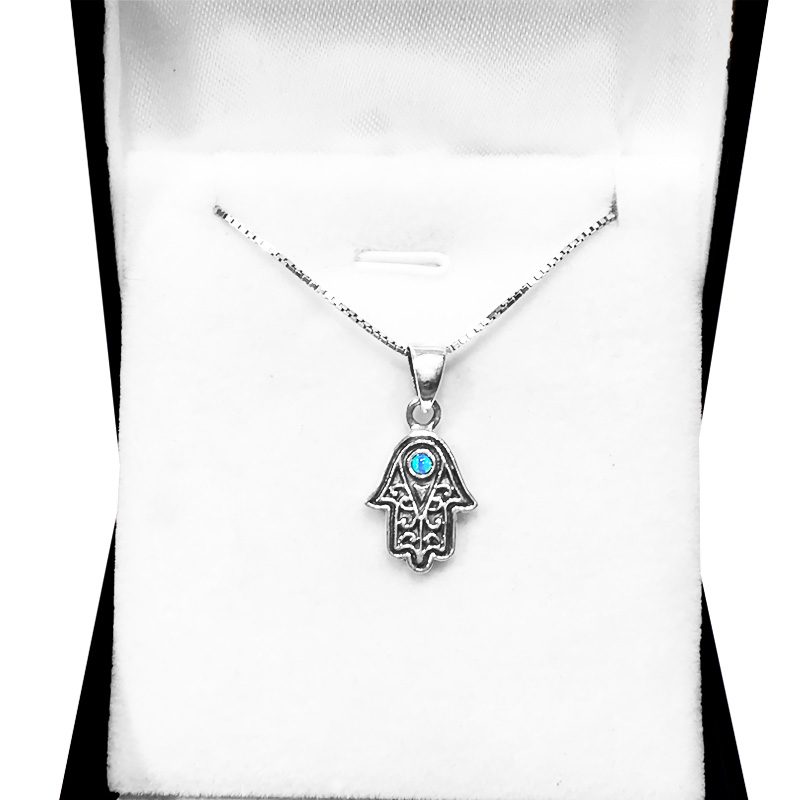 Small Hamsa necklace (1.6*1.2 cm) made of 925 silver with a blue opal stone