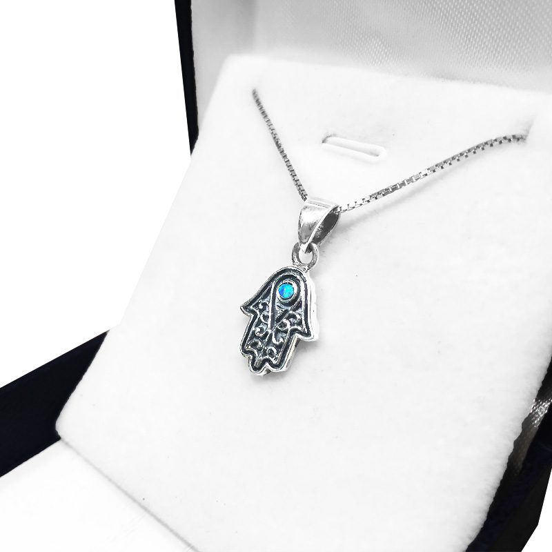 Small Hamsa necklace (1.6*1.2 cm) made of 925 silver with a blue opal stone