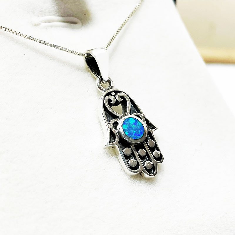 Delicate Hamsa necklace (2*1.3 cm) made of 925 silver with opal stone