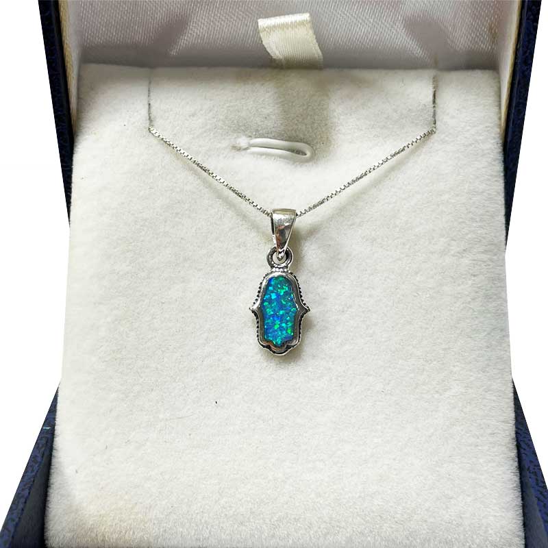 Small (1.3*0.9 cm) delicate hamsa necklace made of 925 silver with a blue opal stone