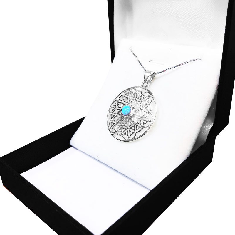 Flower of Life necklace (3 cm) in 925 silver, with blue opal stone