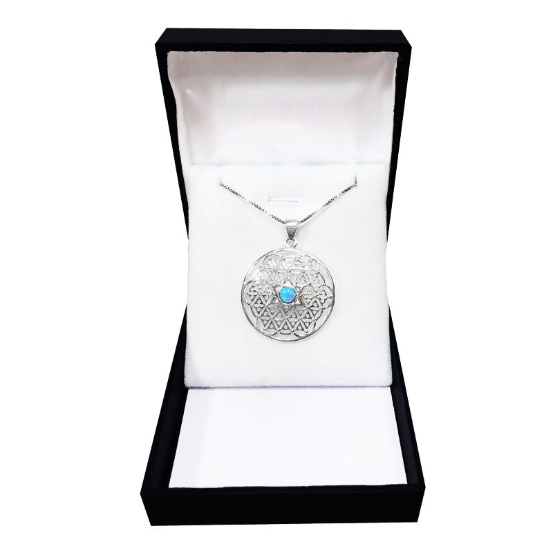 Flower of Life necklace (3 cm) in 925 silver, with blue opal stone