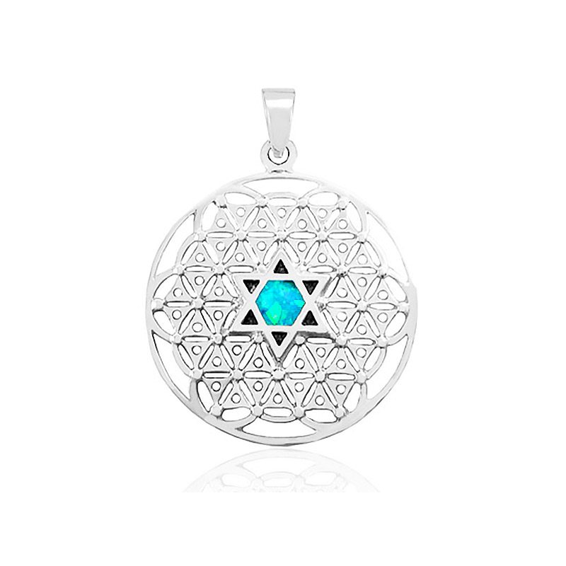 Flower of Life necklace (3 cm) in 925 silver, with blue opal stone