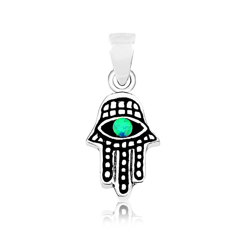 Small Hamsa Eye Necklace (1.6*1 cm) in 925 silver with a small round blue opal stone