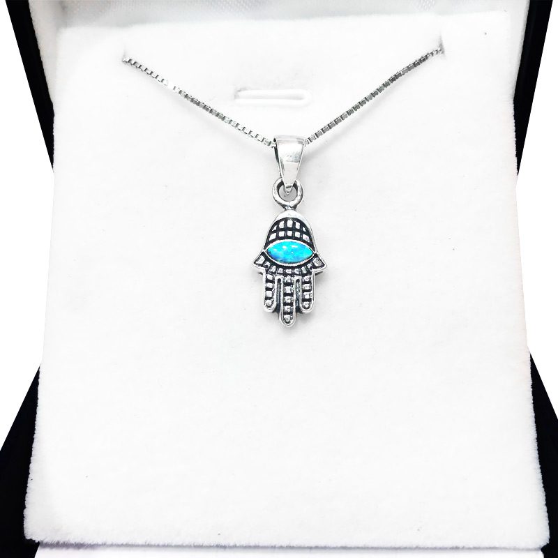 Small Hamsa necklace (1.2*1 cm) made of 925 silver with opal