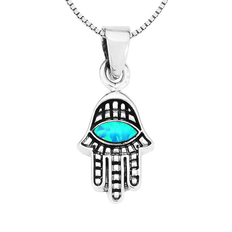 Small Hamsa necklace (1.2*1 cm) made of 925 silver with opal