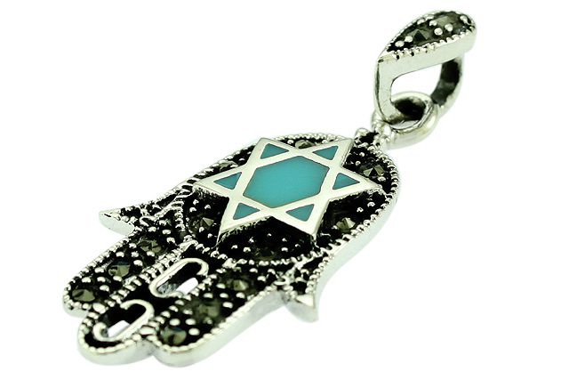 Hamsa necklace (2.6*1.6 cm) with a Star of David made of 925 silver, set with turquoise and marquise stones