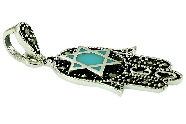 Hamsa necklace (2.6*1.6 cm) with a Star of David made of 925 silver, set with turquoise and marquise stones