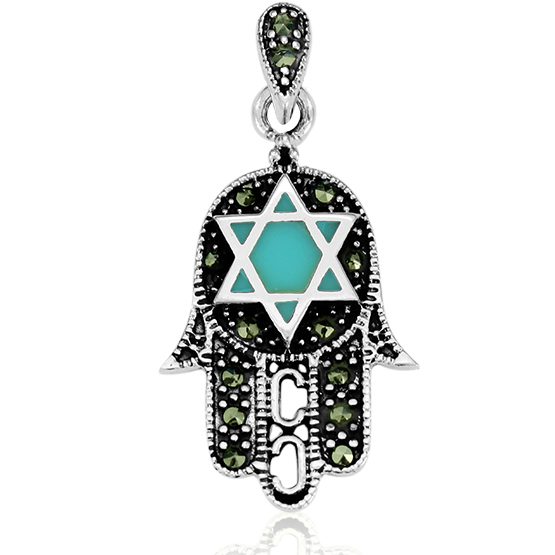 Hamsa necklace (2.6*1.6 cm) with a Star of David made of 925 silver, set with turquoise and marquise stones