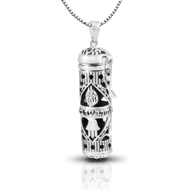 Large 925 silver mezuzah necklace (3.5*1 cm) with opening tube "My fire is burning..."