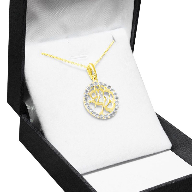 "My Life" round pendant (2 cm) in 14k yellow gold with crystals