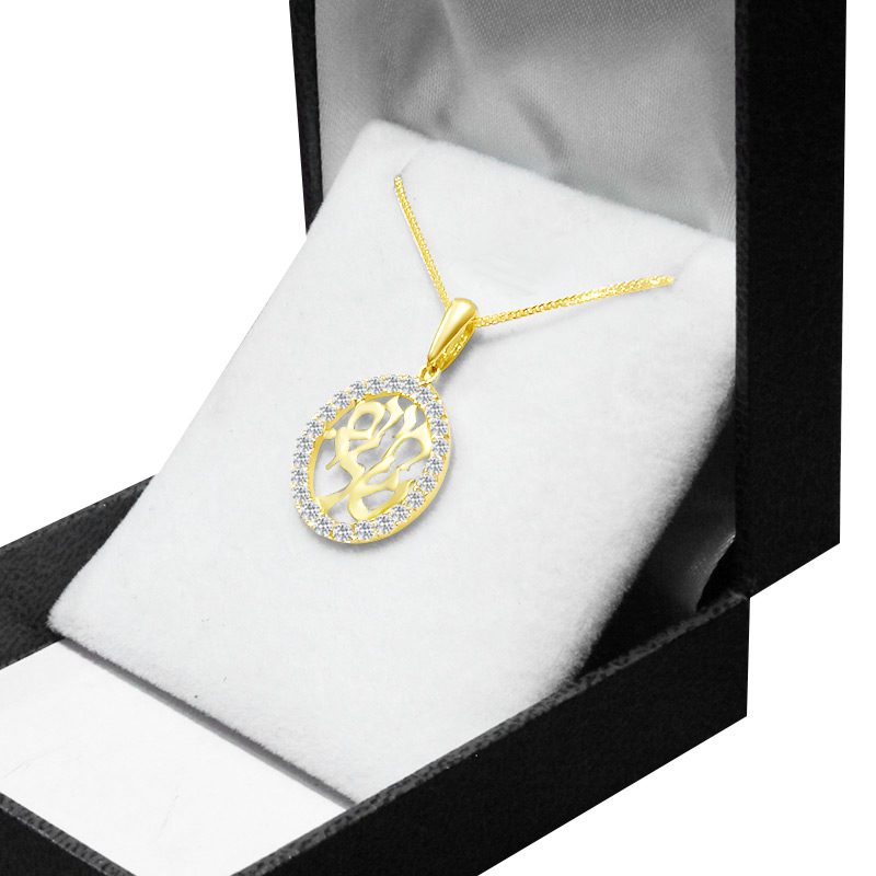 "My Life" round pendant (2 cm) in 14k yellow gold with crystals