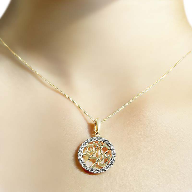 "My Life" round pendant (2 cm) in 14k yellow gold with crystals