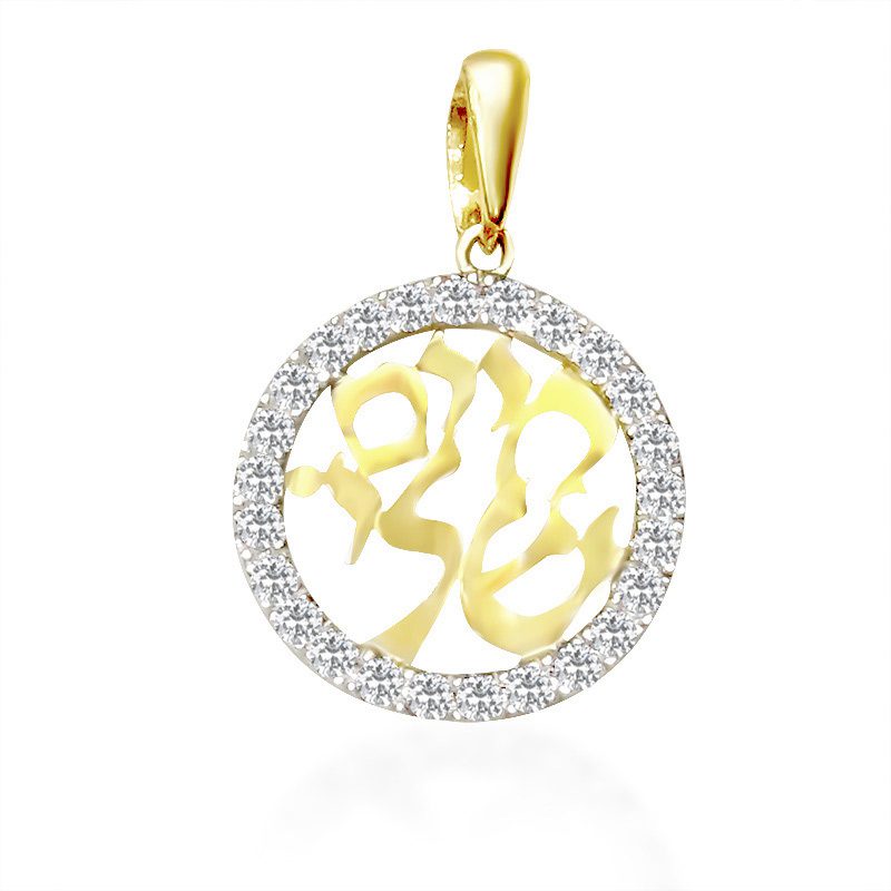 "My Life" round pendant (2 cm) in 14k yellow gold with crystals