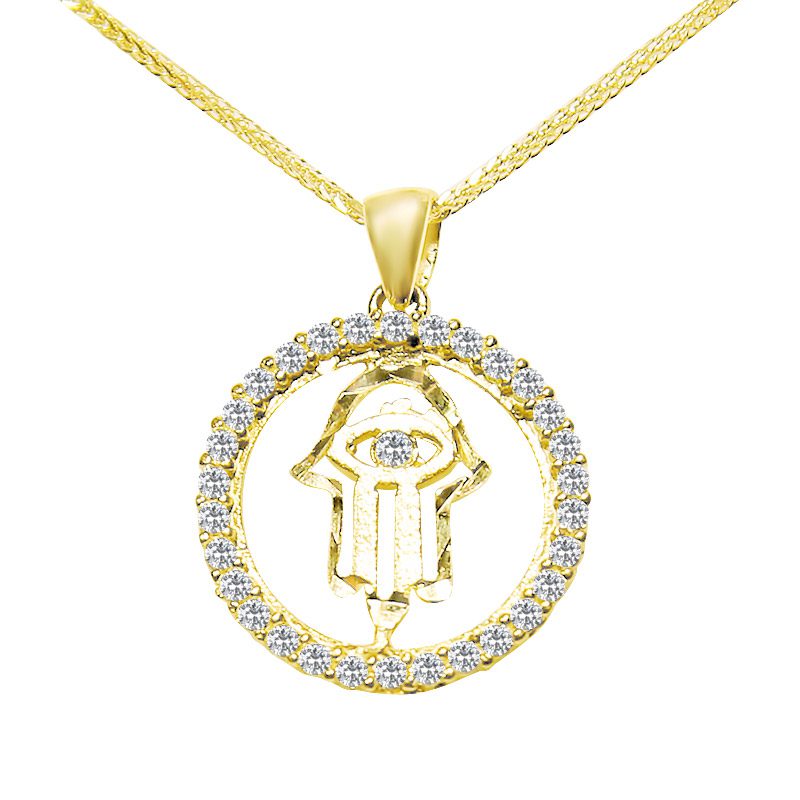 Hamsa pendant (1.8 cm) in 14k yellow gold with crystals