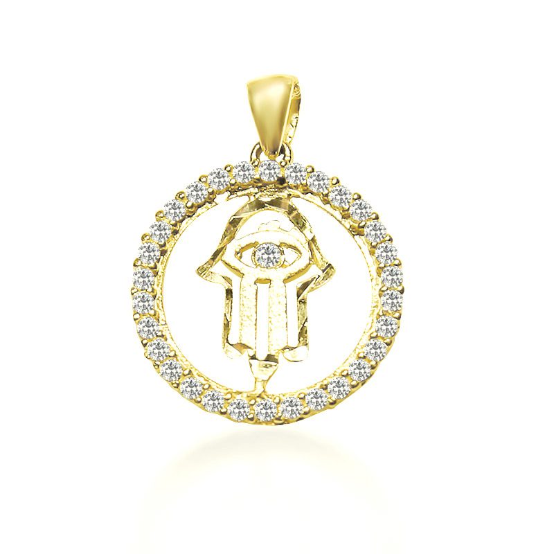 Hamsa pendant (1.8 cm) in 14k yellow gold with crystals