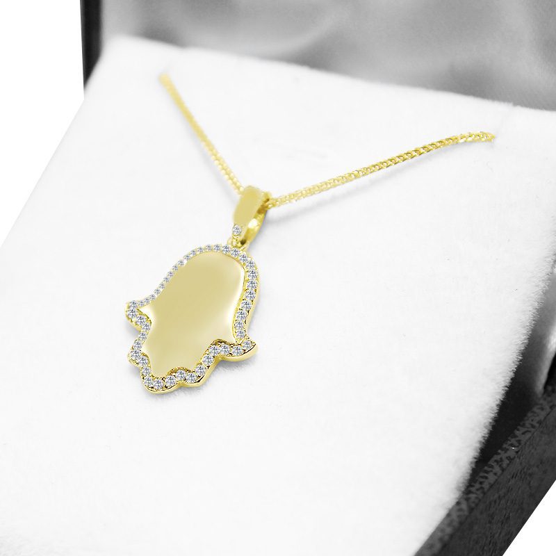 Hamsa pendant (3*1.6cm) in 14k yellow gold with crystals