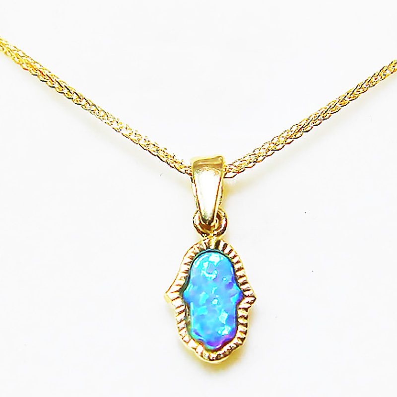 Small Hamsa pendant (1.2*0.7 cm) in 14k yellow gold with opal stone