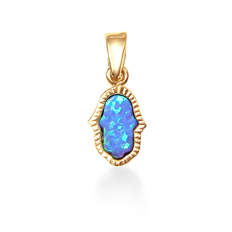 Small Hamsa pendant (1.2*0.7 cm) in 14k yellow gold with opal stone