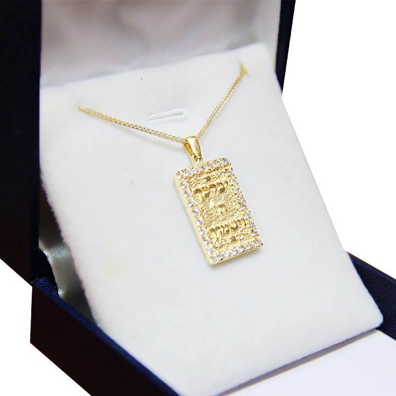 "May God bless you and protect you" pendant (2.3*1.5 cm) in 14k yellow gold, set with crystals