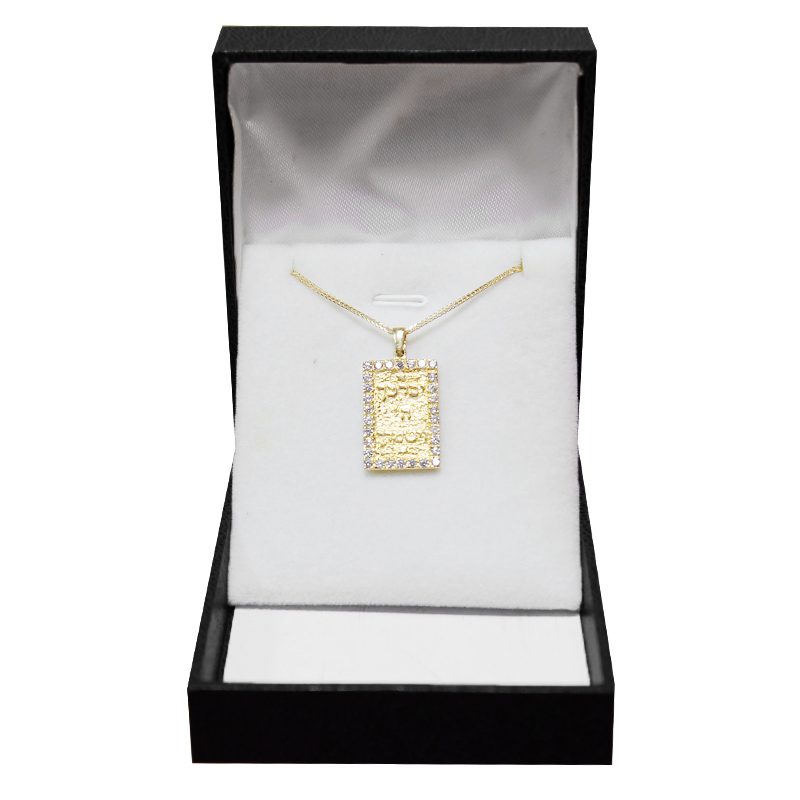 "May God bless you and protect you" pendant (2.3*1.5 cm) in 14k yellow gold, set with crystals