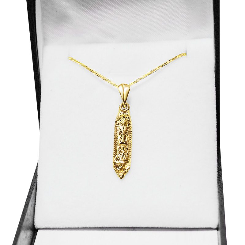 Mezuzah pendant "Shin" (2.8*0.6 cm) in 14k yellow gold with decorations